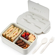 BIBURY Lunch Box for Kids Adults, 3 Compartments, Bento, Leakproof, Greige