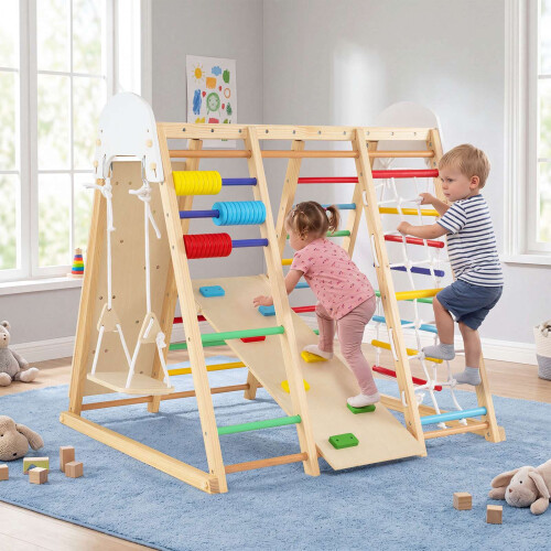 Foldable Indoor Jungle Gym for Kids with Swing & Monkey Bars 2
