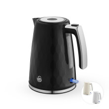 Swan Hexton 1.7L Electric Kettle, 3KW Rapid Boil, Flip Top Lid, Removable Limescale Filter, 360-Degree Base, Cord Storage, Black with Chrome Accents,