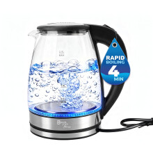 Bargain Factory Electric Kettle Glass 2L – 1800W Fast Boil, BPA-Free, Quiet Boil, Blue LED, No Plastic, Boil-Dry Protection, Black Electric Glass Ke
