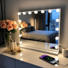 Hollywood Vanity Mirror with Lights, 23" x 18.1" Large Lighted Makeup Mirror with 15 LED Bulbs, 3 Color Modes, Smart Touch Control, Detachable 10X Ma