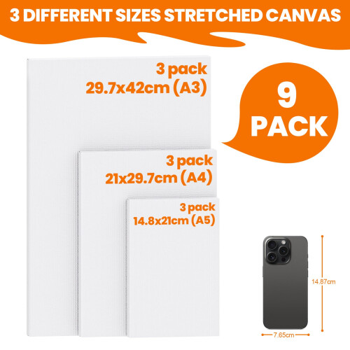 Koncci 9 Pack Stretched Canvas for Painting A3 A4 A5 Blank Canvas Set 1