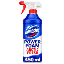 Domestos Power Foam Arctic Fresh Toilet & Bathroom Cleaner Spray sprays upside down & eliminates 99.99% of germs* for cleaning inside the toilet & ar