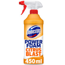 Domestos Power Foam Citrus Blast Toilet & Bathroom Cleaner Spray sprays upside down & eliminates 99.99% of germs* for cleaning inside the toilet & ar