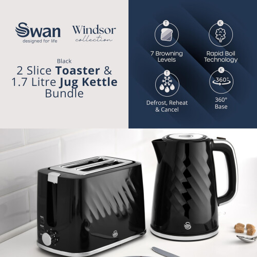 Swan Swan Windsor Kitchen Set 17L Kettle 2 Slice Toaster Black SK14611BLK 1