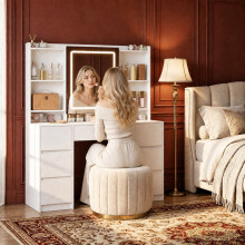 Dressing Table with Lights, Storage Behind the Mirror, 7 Drawers