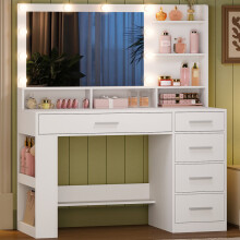 Dressing Table with Large HD Mirror and LED Lighting, Vanity Desk for Bedroom, Makeup Vanity with 5 Drawers