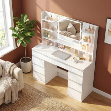 Dressing Table with LED Light, Vanity Desk with 9 Drawers, White