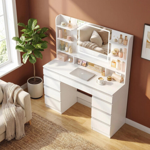 Dressing Table with LED Light, Vanity Desk with 9 Drawers, White