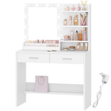 Dressing Table with Mirror, Vanity Desk with LED Lighting, 3-Color Adjustable Brightness, 2 Drawers, 4 Open Shelves