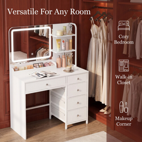 Dressing Table with LED Lighting, Vanity Desk with Mirror, 5 Drawers, 2 Storage Shelves, Adjustable Brightness 1