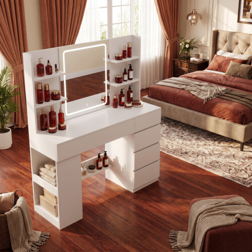 Dressing Table with Large HD Mirror, Vanity Desk with 5 Drawers