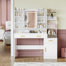 Dressing Table with Mirror, Vanity Desk with Adjustable LED Light, Large Desktop, 3 Drawers and 1 Storage Cabinet, Open Shelves