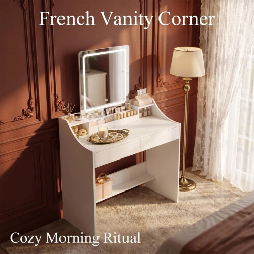 Dressing Table with LED Lights, 90 cm Desktop, 2 Drawers, White