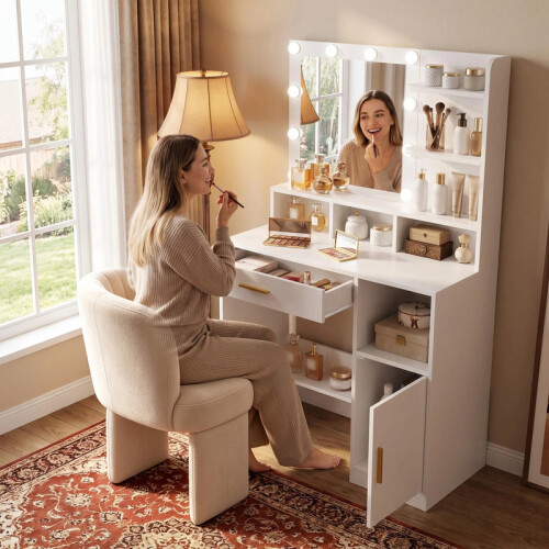 Dressing Table with Mirror and Bulb Lights, Vanity Table