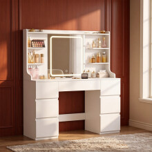Dressing Table with Mirror, Adjustable LED Lights, 7 Drawers