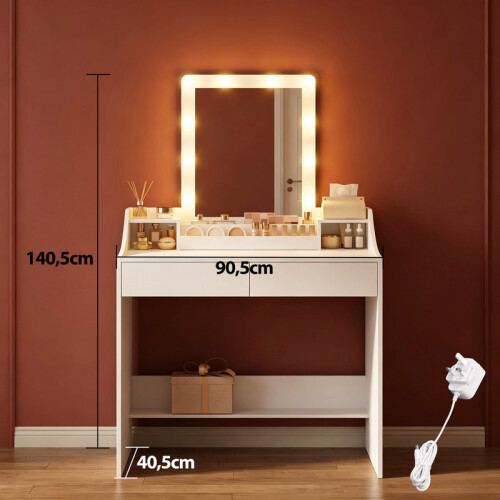 Dressing Table with Bulb Lights, 90 cm Desktop, 2 Drawers, White
