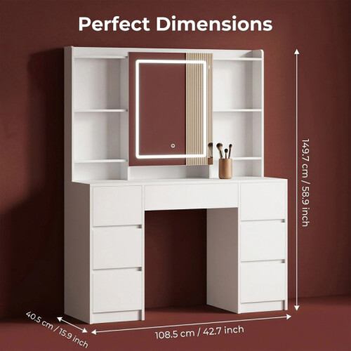 Dressing Table with Lights, Storage Behind the Mirror, 7 Drawers 1