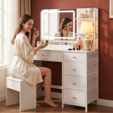 Dressing Table with LED Lighting, Vanity Desk with Mirror, 5 Drawers, 2 Storage Shelves, Adjustable Brightness