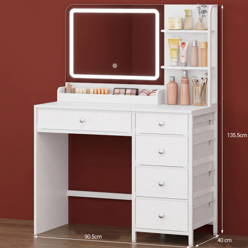 Dressing Table with LED Lighting, Vanity Desk with Mirror, 5 Drawers, 2 Storage Shelves, Adjustable Brightness 2