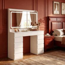 Dressing Table, Vanity Desk with Power Strip, Vanity Table with Mirror and Lights, Adjustable Brightness, Makeup Desk