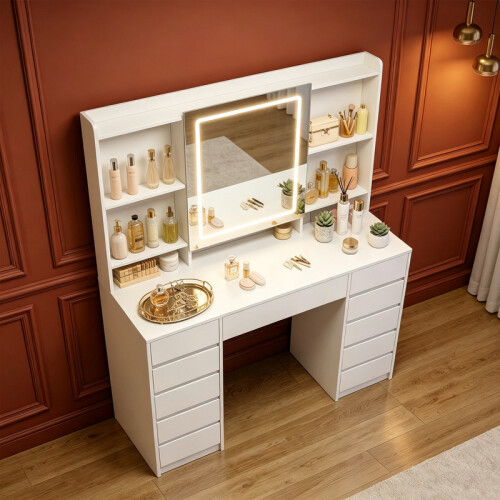 Dressing Table with Lights, Storage Behind the Mirror, 11 Drawers