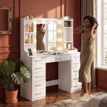 Dressing Table with Lights, Vanity Desk with Mirror and Power Outlet, Adjustable LED Lighting, 11 Drawers