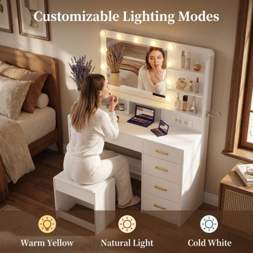 Dressing Table with Stool, Plug and Mirror, LED Adjustable, White