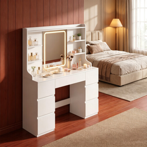 Dressing Table with Mirror, Adjustable LED Lights, 7 Drawers 2
