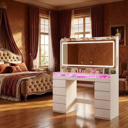 Dressing Table with HD Mirror, RGB Lights, Power Strip