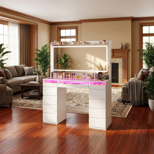 Dressing Table with HD Mirror, RGB Lights, Power Strip 2