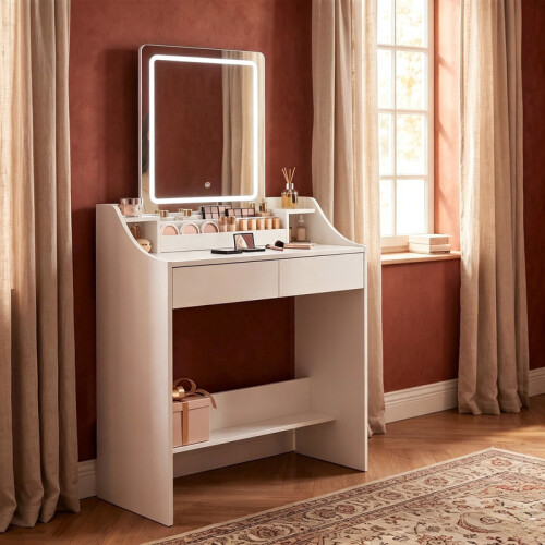 Dressing Table with LED Lights, 80 cm Desktop, 2 Drawers, White 1