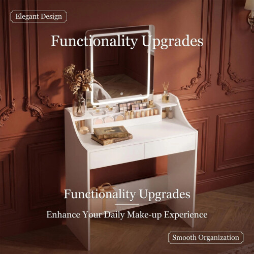 Dressing Table with LED Lights, 80 cm Desktop, 2 Drawers, White 2