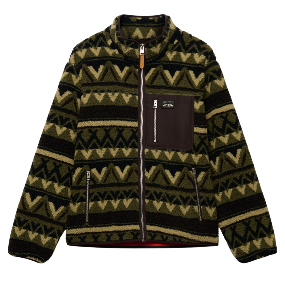 Superdry Men's Abstract Full Zip Fleece in Snow Peak Green Size M, Geometric Borg Fleece with Chest Pocket - Image 3