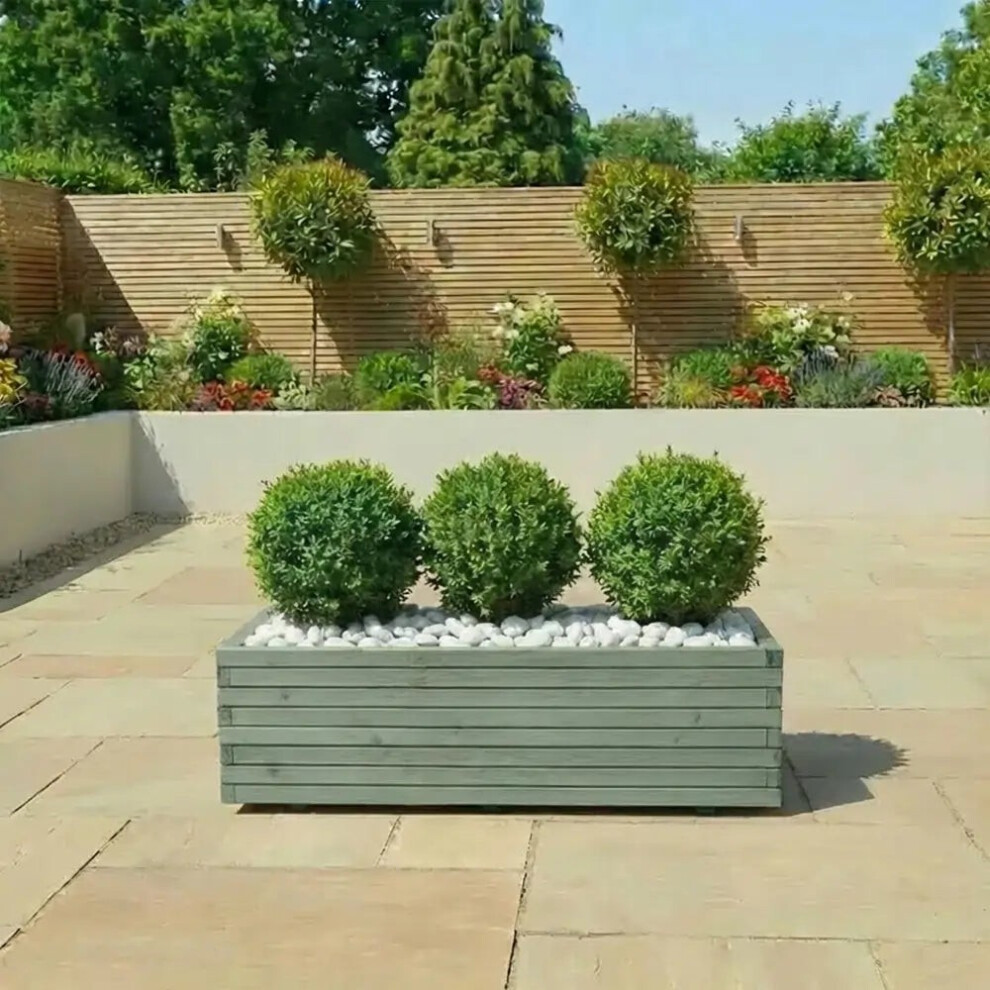 Woven Wood (Sage Green, L120 X W40 X H40) Pine Raised Wooden Trough Planter With Feet, Liner And Wheels
