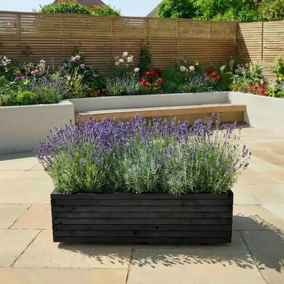 Woven Wood (Black, L140 X W40 X H40) Pine Raised Wooden Trough Planter With Feet, Liner And Wheels