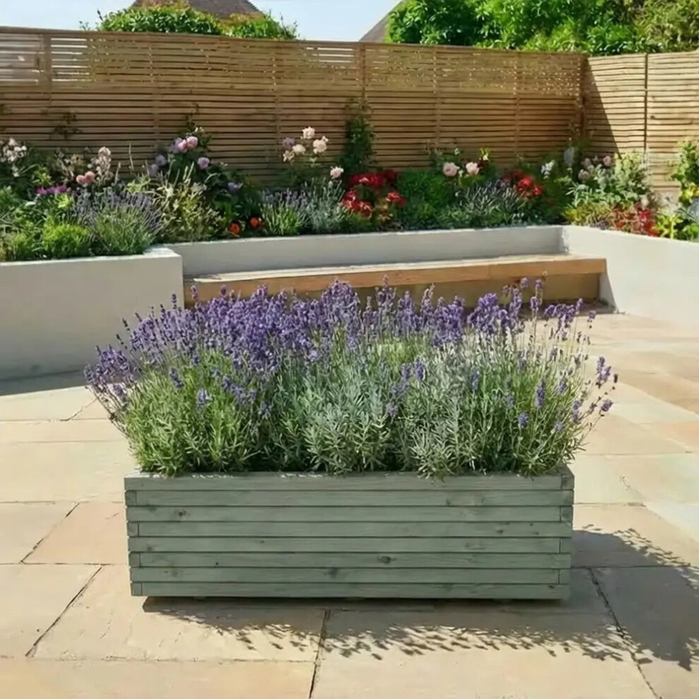 Woven Wood (Sage Green, L140 X W40 X H40) Pine Raised Wooden Trough Planter With Feet, Liner And Wheels