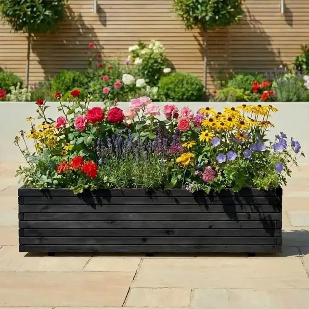 Woven Wood (Black, L180 X W40 X H40) Pine Raised Wooden Trough Planter With Feet, Liner And Wheels