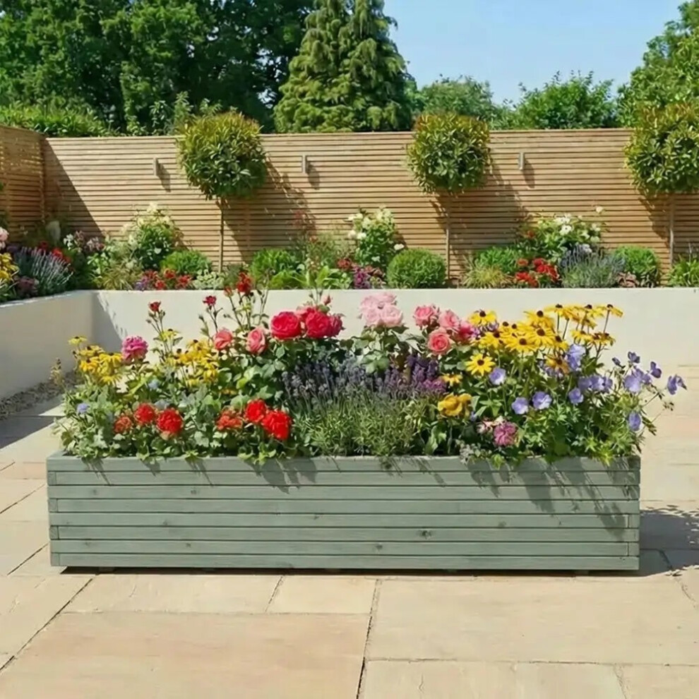 Woven Wood (Grey, L200 X W40 X H40) Pine Raised Wooden Trough Planter With Feet, Liner And Wheels