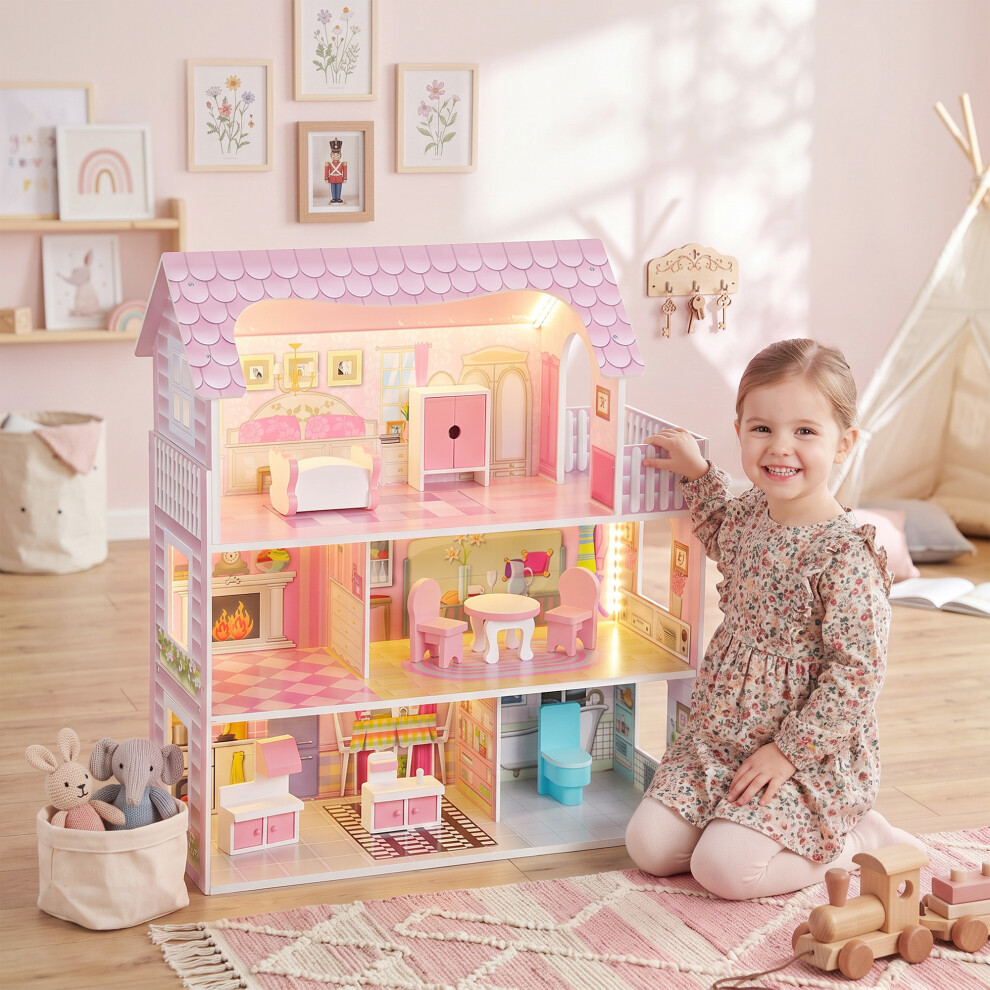 Aiyaplay Pink Dolls House With 8 Pieces Accessories, 3-Level For 3-6 Years, - Image 4