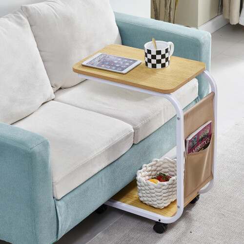 C Shaped Sofa Side Table with Storage Pocket Rolling 1