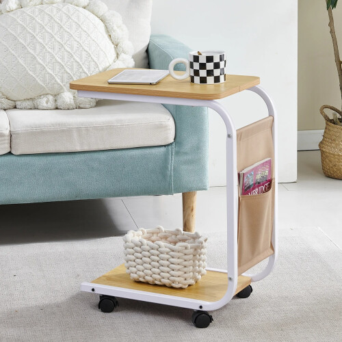 C Shaped Sofa Side Table with Storage Pocket Rolling