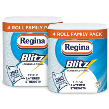 Regina Blitz Kitchen Roll 8 Rolls, 2 Packs of 4 Triple Layered Household Towels, 70 Extra Large Sheets Per Roll, 560 Sheets Total, 3 Ply Super Absorb
