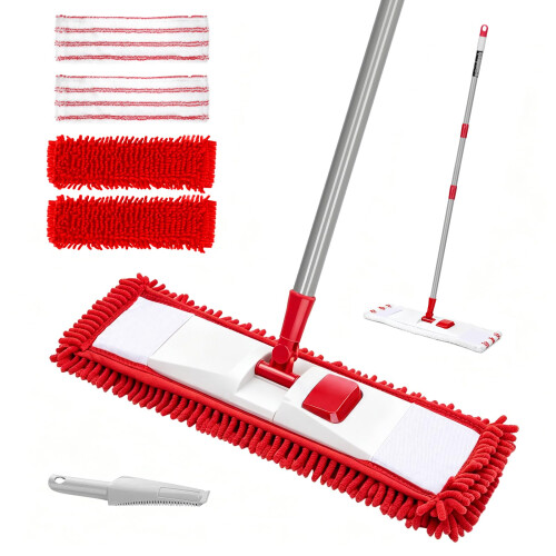 Masthome Microfibre Mop, Flat Mops with 4 Washable Pads, Adjustable Handle