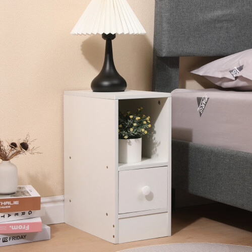 Narrow Bedside Table with Drawer, Open Storage & Cabinet, Small Space Side End Table 1