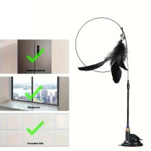 (Black Enhanced) Cat Teaser Toy - Interactive Bell & Feather Wand - Long Suction Cup Pole for Exciting Playtime Adventures - Ultimate Cat Toy