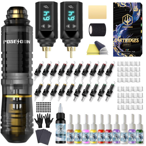 POSEIDON Wirless Tattoo Gun Kit with 2PCS Battery for Beginners