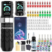 POSEIDON Cordless Tattoo Machine Kit with 7 Stroke Settings, Two 2300mAh Batteries, Normal/Dot Modes & LED Display - Professional Portable Tattoo