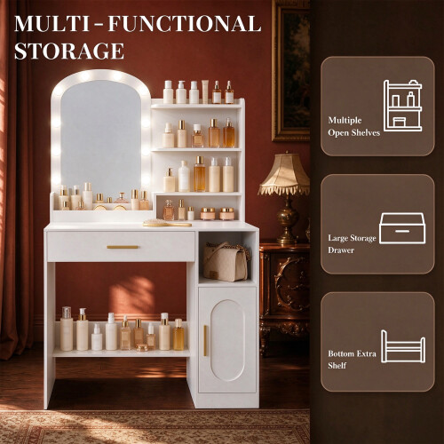 Dressing Table with Oval Mirror, Dressing Table with LED Lights, Adjustable Brightness 2