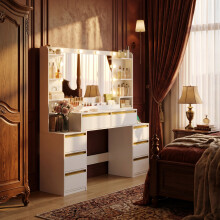 135 cm Dressing Table with Mirror, Vanity Desk with 10 LED Lights, Adjustable 3-Colour LED Lights, Makeup Desk with Plug